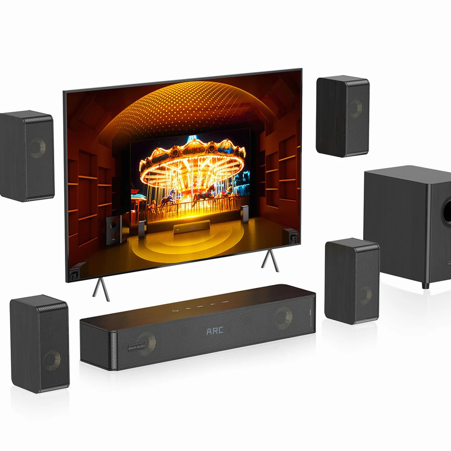 Hölzern 5.1.2CH Soundbar für TV Geräte, 4 Surround-Lautsprecher, 400W Spitzenleistung, Heimkino Virtual Surround Soundsystem Sound Bar mit 5.25'' Subwoofer, ARC/Optisch/BT 5.3/AUX/USB, HiPulse N512