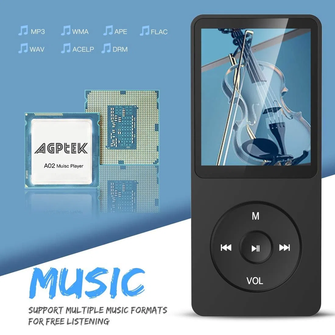 AGPTEK MP3 Player, 16GB verlustfrei MP3 mit 1,8 Zoll Bildschirm, 70 Stunden tragbare Musik Player mit Kopfhörer, FM Radio, Bilder, Aufnahmen, E-Buch, Schwarz