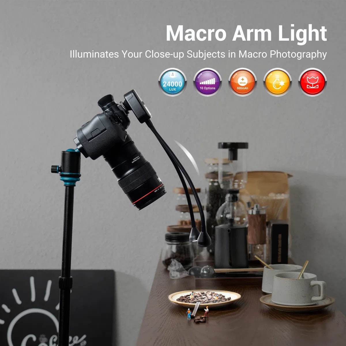 JJC Makro Arm Licht, LED Kamera Licht mit Integriertem Akku, 5600K 24000Lux 10 Stufen einstellbare Helligkeit Beleuchtung Cold Shoe Mount 1/4 Schraube Lampe passt Close-up Fotografie