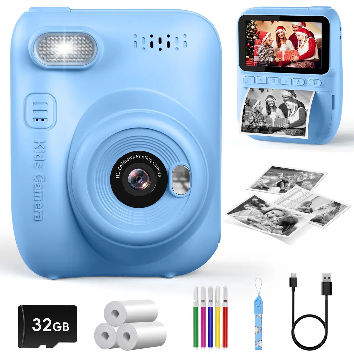Kinderkamera Sofortbildkamera 3,0 Zoll 1080P Digitalkamera mit Druckerpapier & 32GB Karte für 3-10 Jahre Blau