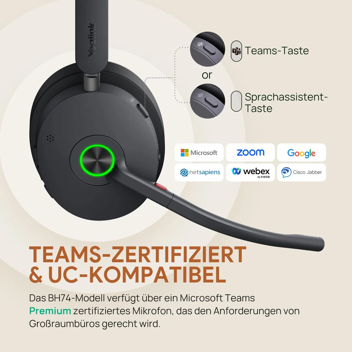 Yealink BH74 mit Ladestation ANC Kabelloses Bluetooth Headset mit Mikrofon, 6X Hybride Geräuschunterdrückung Mic, Stereo On Ear Kopfhörer Bluetooth, 32H Sprechzeit, Microsoft Teams Zoom Zertifiziert