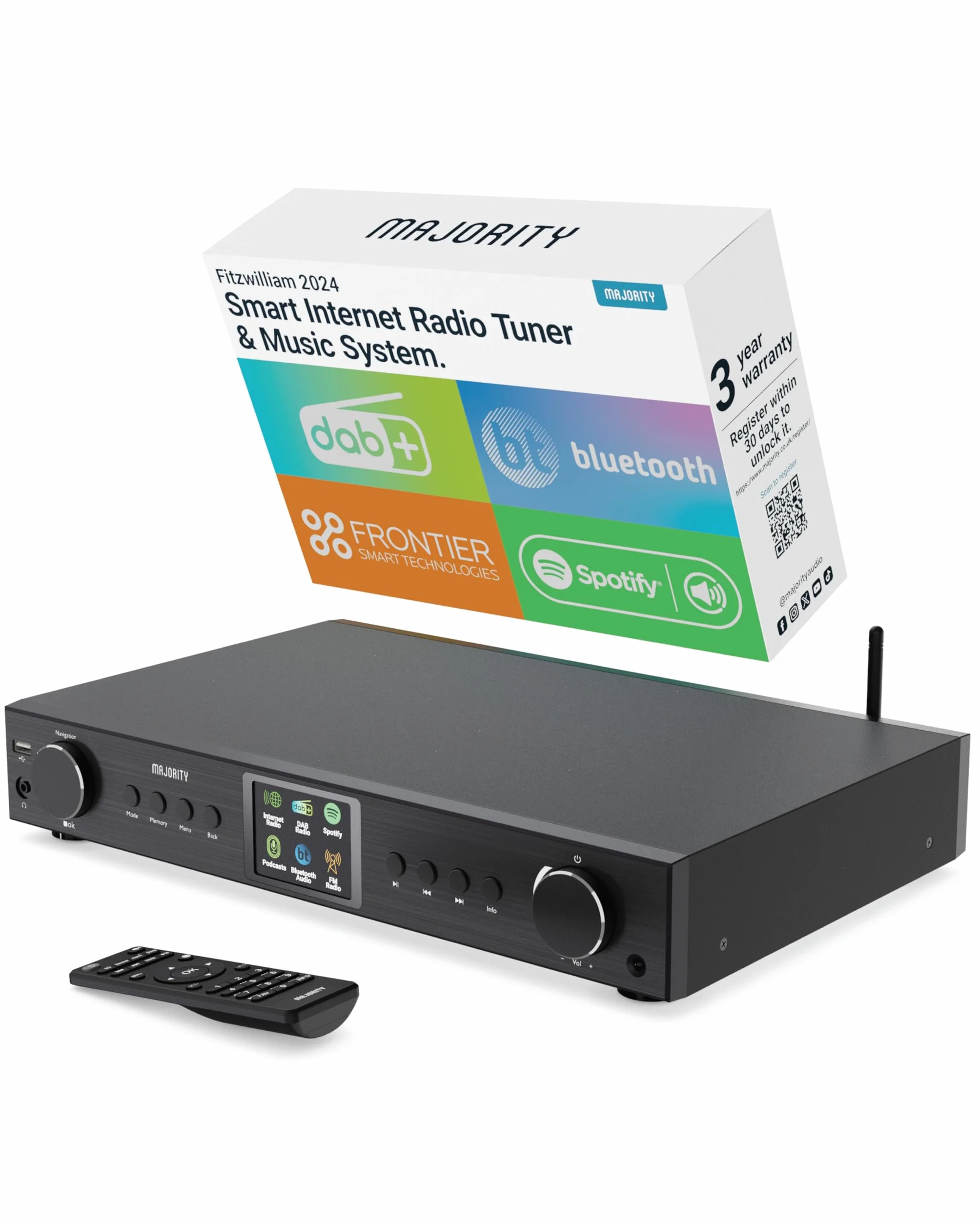Radio DAB Plus Internetradio WLAN Tuner | DAB+ Internet Radio Receiver | Empfänger für Stereoanlage | Internetradio Adapter HiFi-Tuner mit Spotify Connect & Podcasts | MAJORITY Fitzwilliam (Schwarz)