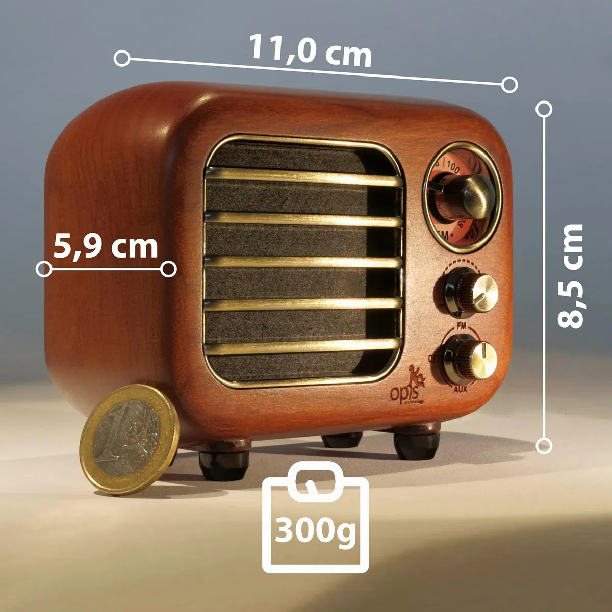 Opis Radio 3 – Kleiner Kirschholz Retro Bluetooth Lautsprecher mit UKW Radio mit Bluetooth im Vintage Look - SD-Kartenfunktion und AUX Eingang