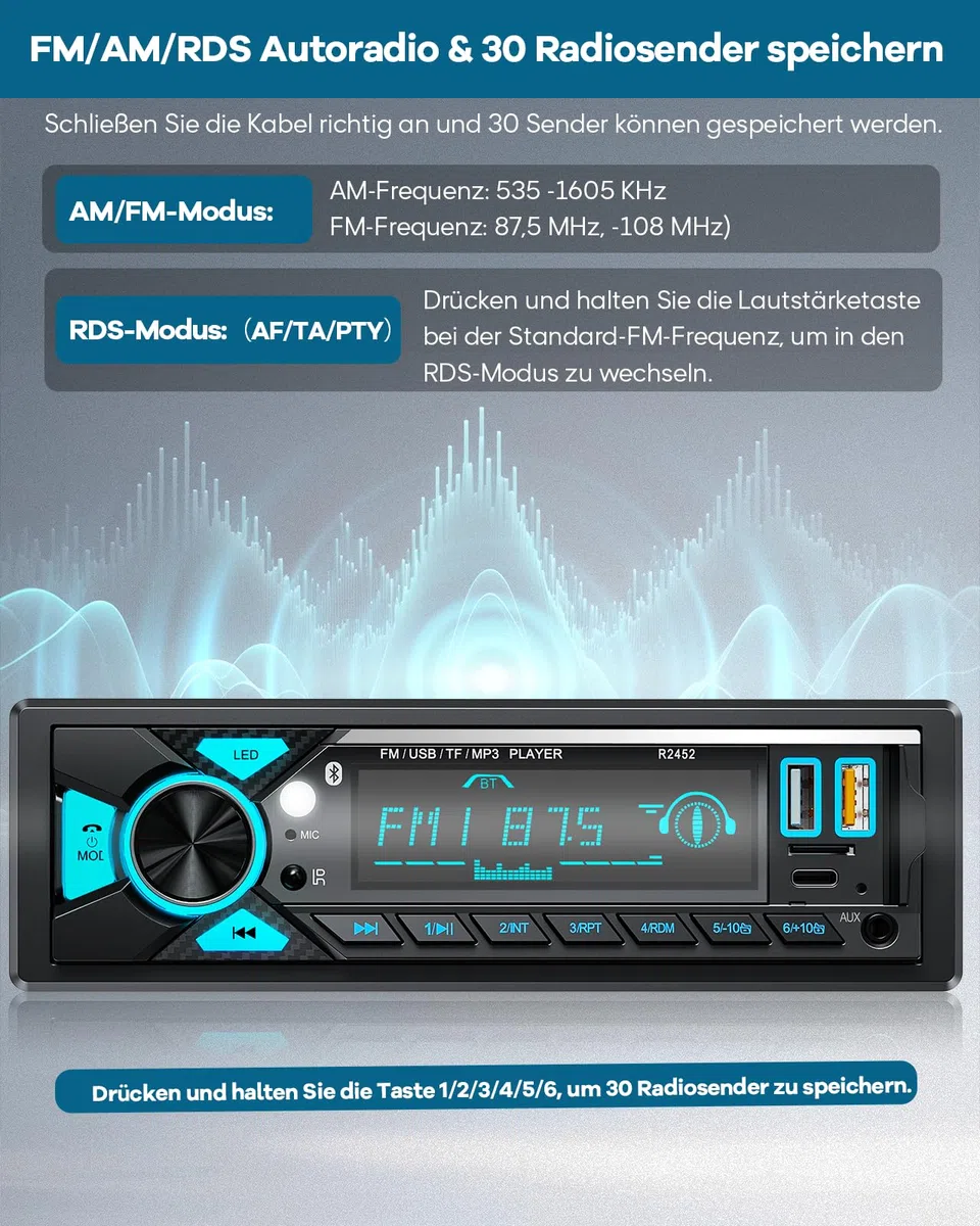 CENXINY Autoradio 1 DIN Bluetooth mit Type-C Ladeanschluss AM/FM Radio 2USB AUX SD TF Android iOS