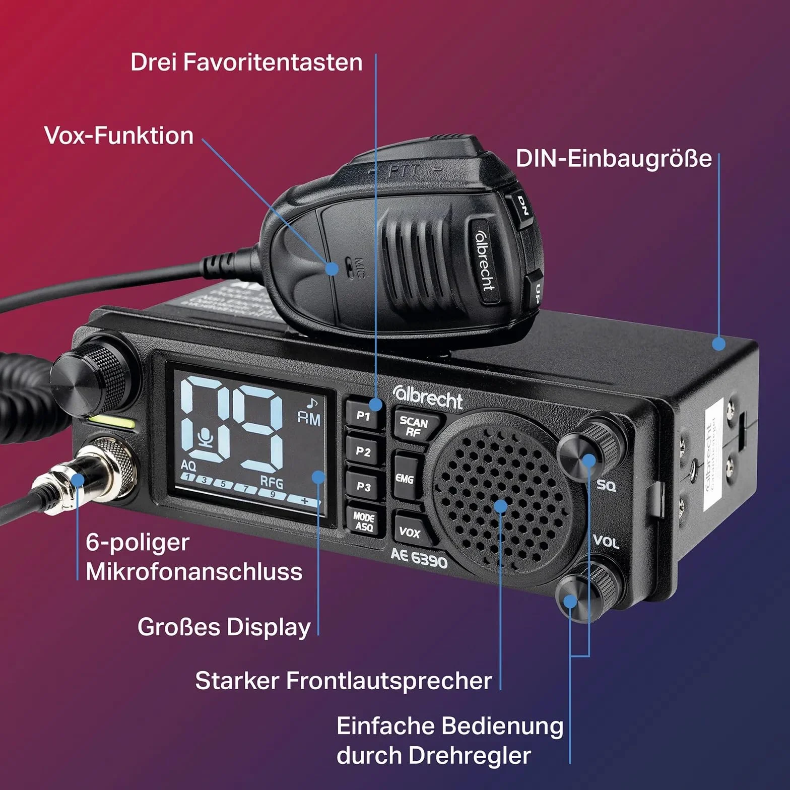 Albrecht AE 6390 CB-Funkgerät – 2,4" Display, VOX Freisprechfunktion, DIN-Einbau, 40 AM/FM Kanäle, 2W Frontlautsprecher, Kanalsuchlauf, RF Gain, inkl. Mikrofon & Zubehör, schwarz, 12639