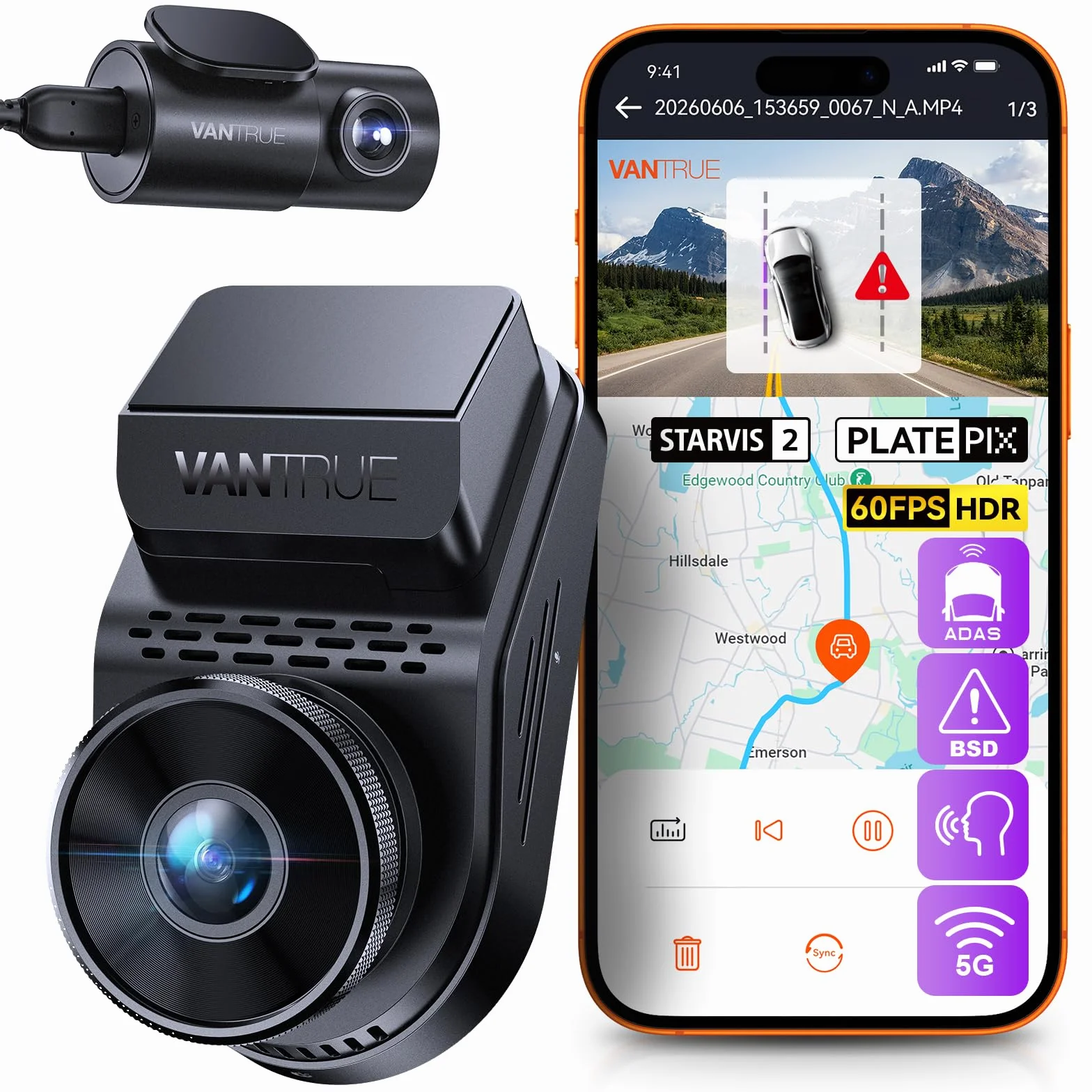 VANTRUE S1 Pro Dashcam 2,7K+1080P Dual 60fps Vorne und Hinten, 5GHz WLAN GPS Auto Kamera mit STARVIS 2 Nachtsicht, 24h Parküberwachung Nachtsicht, Superkondensator G-Sensor Loop-Aufnahme APP, 512GB