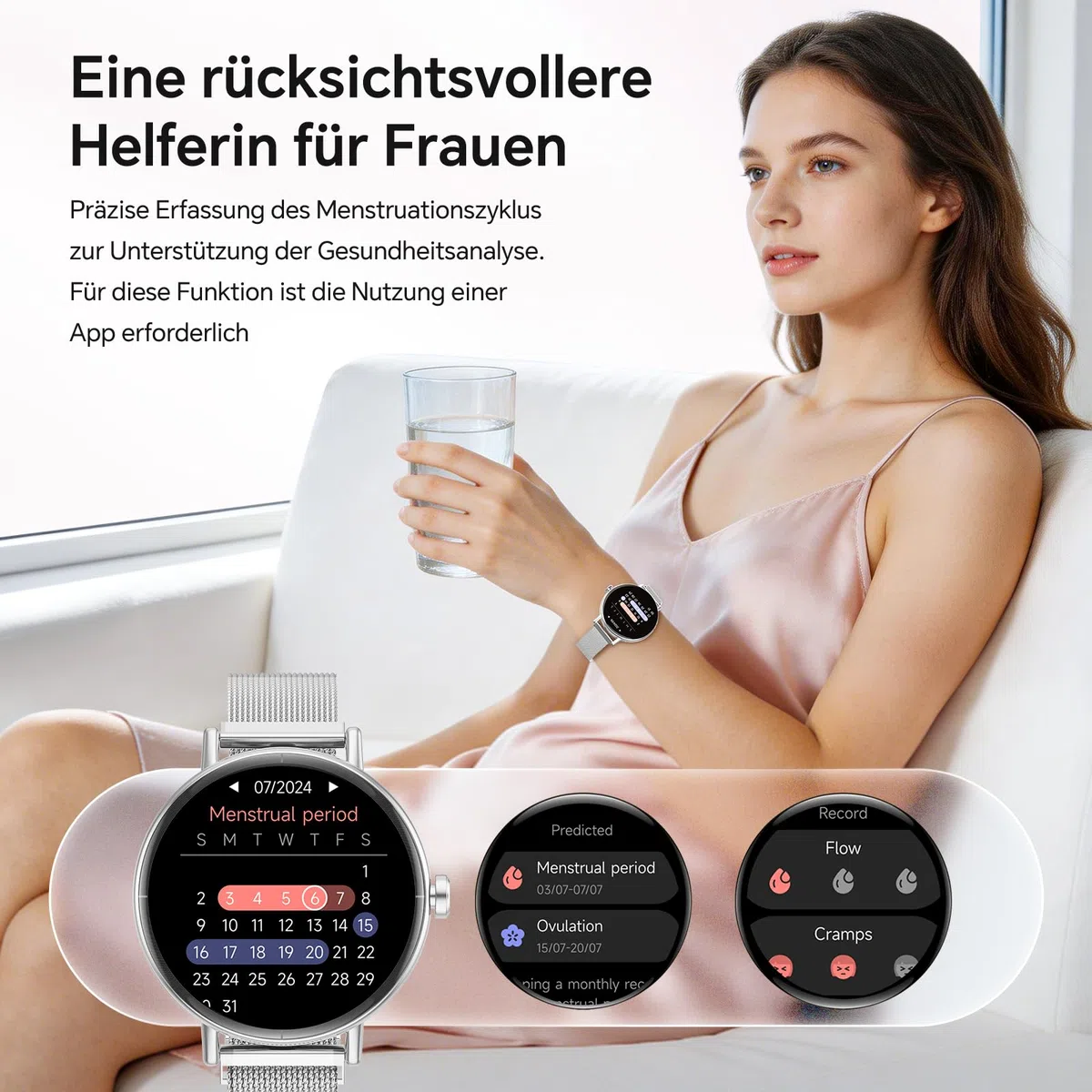 Smartwatch Damen Rund Metallarmband 1.27" Smart Watch mit Telefonfunktion Fitnessuhr SpO2 Herzfrequenz Stress Kalorien Schlaf Schrittzähler 100+ Sportmodi IP68 Wasserdicht für iOS Android