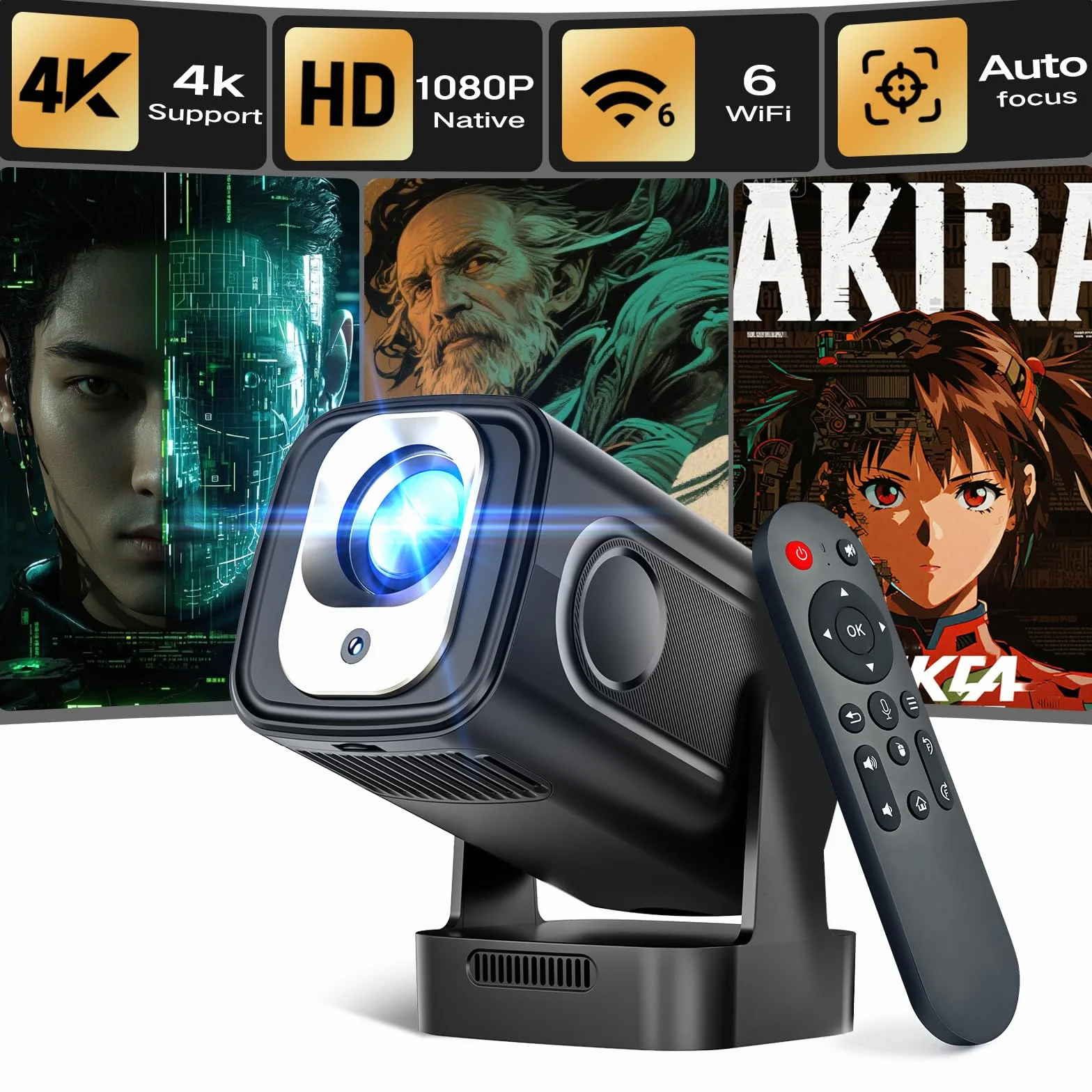 Alwtniet HY310 Mini Beamer 4K Unterstützt, 1080P Mini Projektor mit Autofokus & Automatische Trapezkorrektur, WiFi 6 Bluetooth 5.4, 180° Drehbar Android Heimkino Beamer