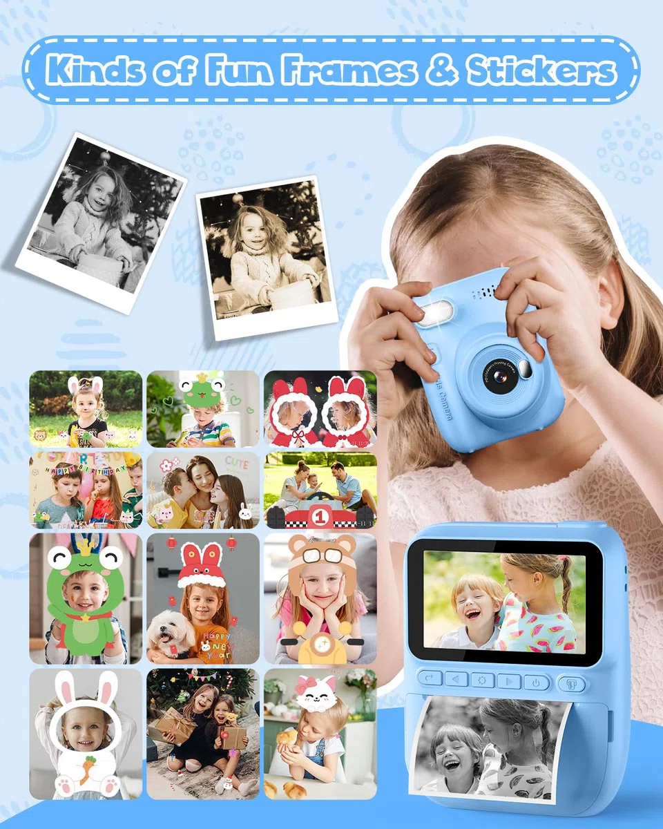 Kinderkamera Sofortbildkamera 3,0 Zoll 1080P Digitalkamera mit Druckerpapier & 32GB Karte für 3-10 Jahre Blau