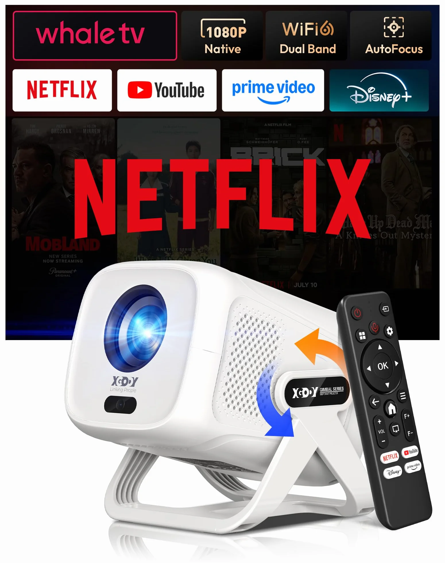 Xgody N5 Beamer 1080P Mini Beamer 4K Heimkino Autofokus Automatische Trapezkorrektur Projektor 450ANSI WiFi Bluetooth 135° Drehbar Tragbarer Projector