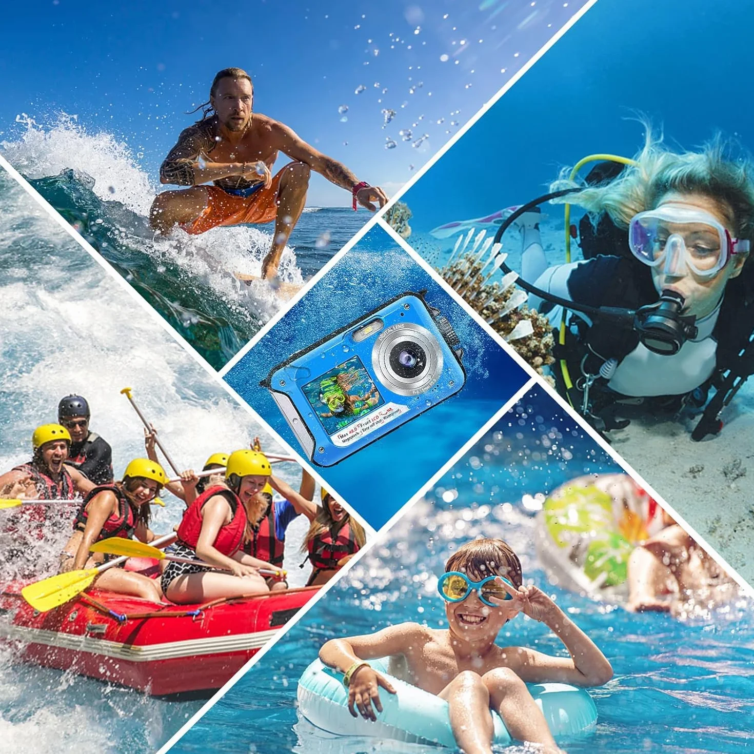 Unterwasserkamera Full HD 2.7K 48MP 10FT Kamera Wasserdicht Dual Screen 16X Digital Zoom Schnorcheln wasserdichte Digitalkamera fü r Selbstauslöser Unterwasser, Schwimmen, Urlaub