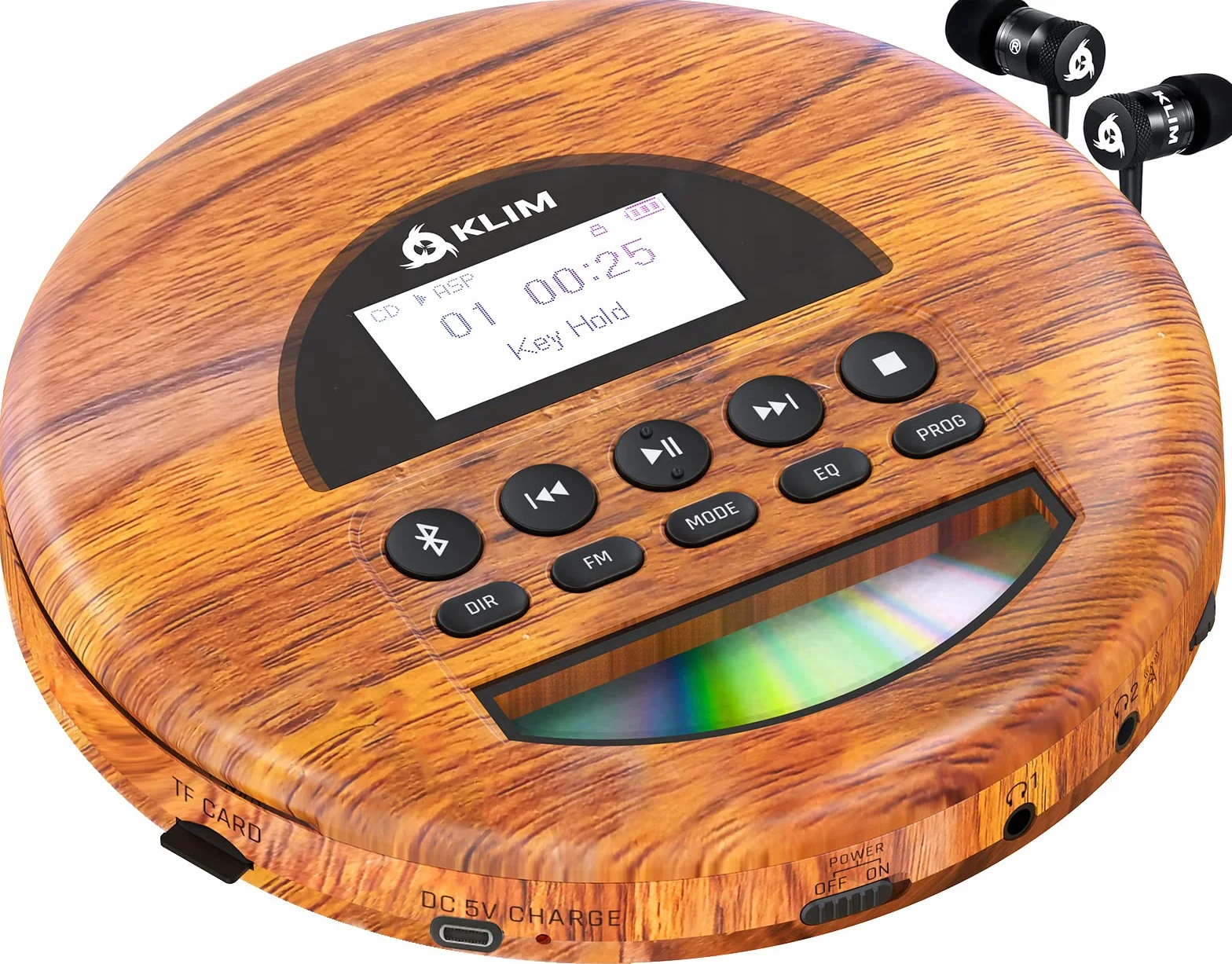 KLIM Nomad Wood – Neuheit – tragbarer CD-Player – integrierter Akku mit langer Lebensdauer – Kopfhörer KLIM Fusion, MP3, TF-Player, tragbares Mini-Radio, Bluetooth – für das Auto