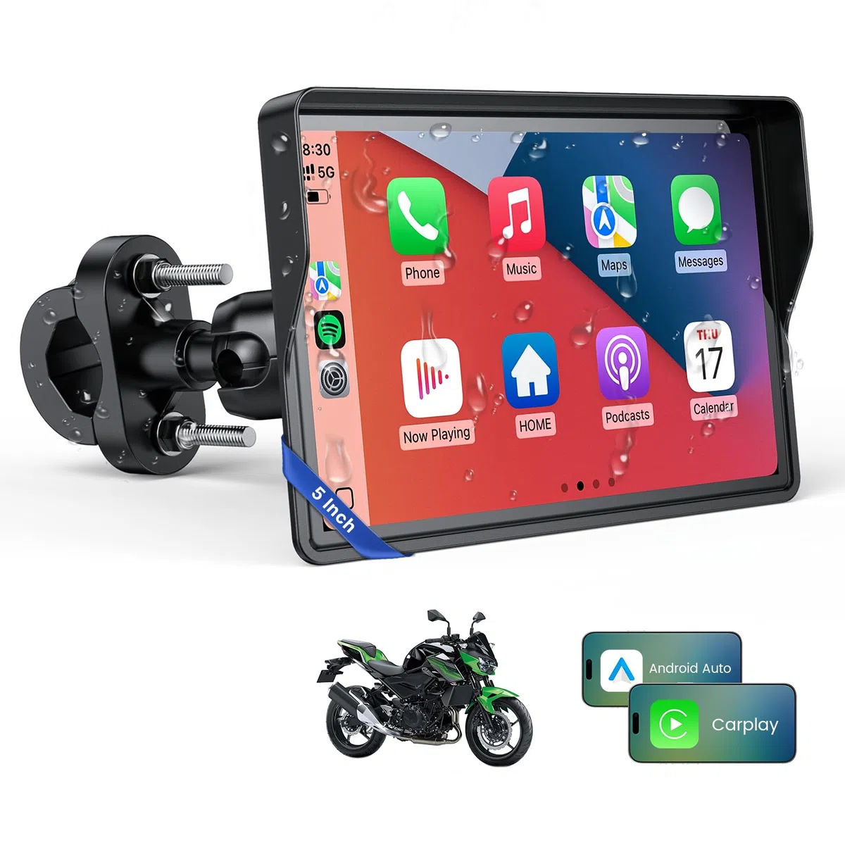 WonVon 5 Zoll Motorrad Carplay Display Motorrad Navigationsgeräte mit Motorrad Navi CarPlay & Android Auto Wasserdicht Motorräder Display mit Bluetooth Sprachassistenten Magnetische Halterung