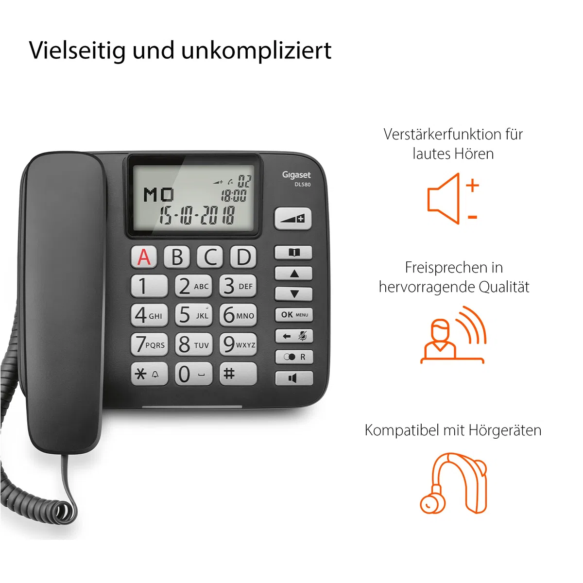 Gigaset DL580 - schnurgebundenes Senioren Telefon - Tischtelefon mit extra leichter Bedienung und beleuchtetem Farbdisplay, schwarz