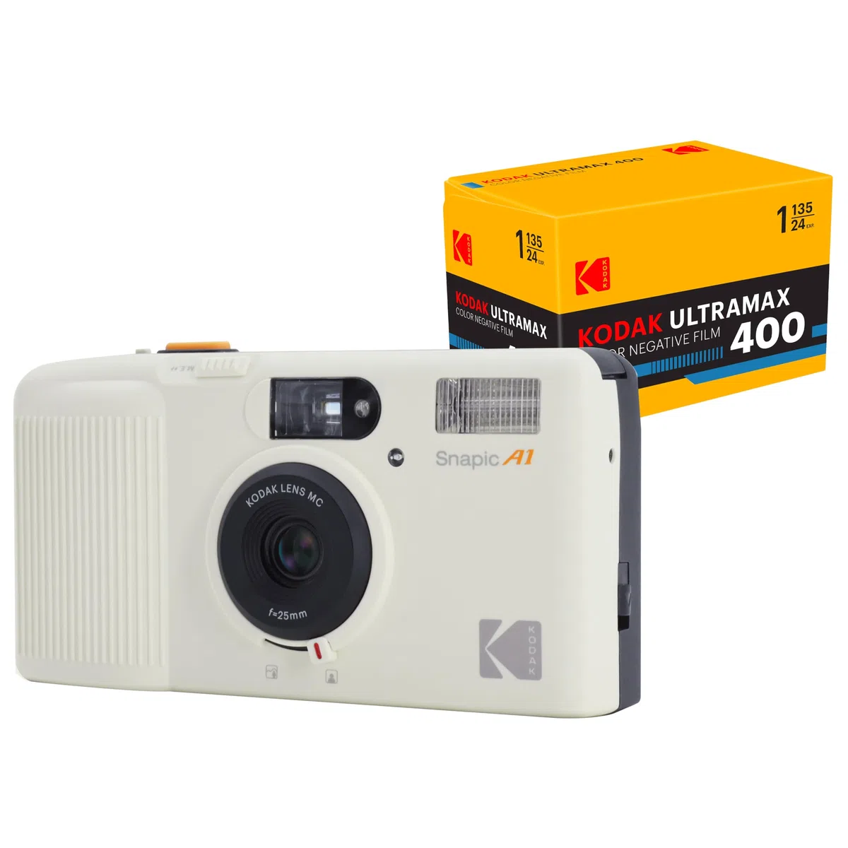 KODAK Snapic A1 35-mm-Filmkamera, 35 mm, wiederverwendbar, 2-Zonen-Fokus, kompakt, mit Kodak Ultramax 400/24 EXP 35mm Rollfilm, Elfenbeinweiß