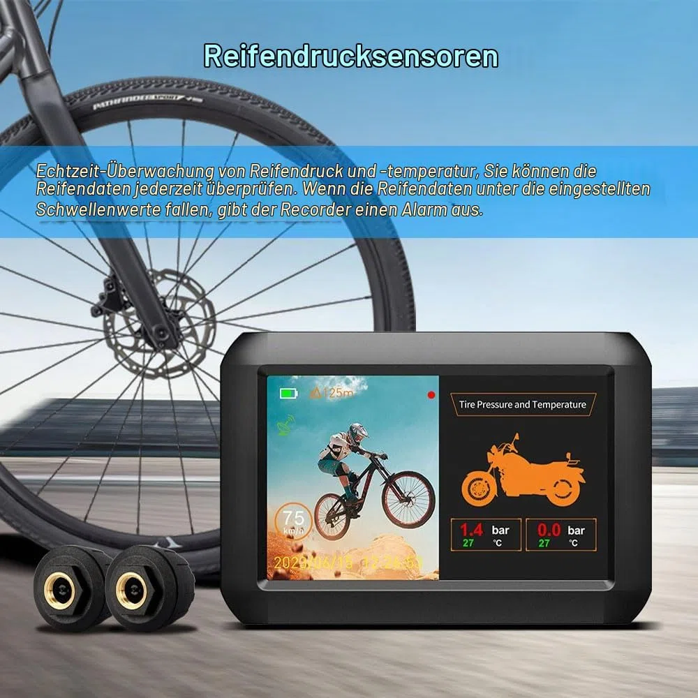 VSYSTO Fahrrad Rückfahrkamera, Lenker Fahrrad Spiegel 4'' Bildschirm WiFi HD 1080P Front und Heck und Selfie Kamera DVR mit Reifendrucksensoren GPS Telefon Assistant Mode Temperatursensor(Schwarz-F3K)