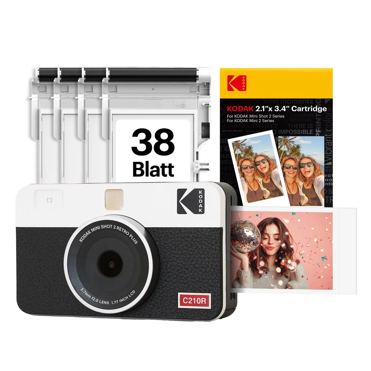 Kodak Mini Shot 2 Retro 4PASS Sofortbildkamera 2-in-1, 5,3×8,6 cm Sofortdrucke, 38-Blatt-Bundle, Weiß