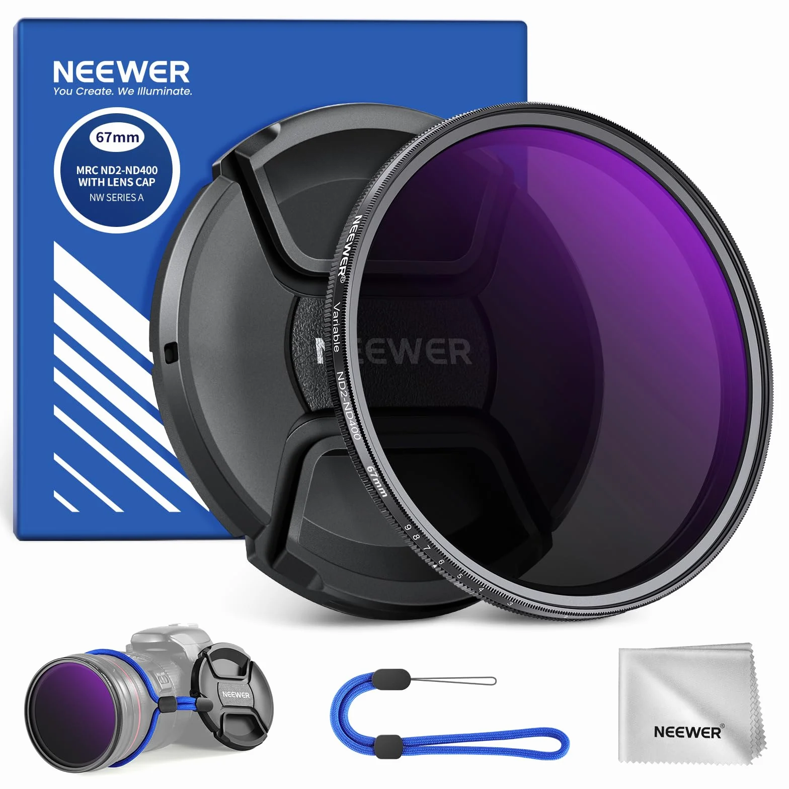 NEEWER 67mm ND2-400 (1-9 Stop) Variabler ND Filter mit Objektivdeckel Trageband Reinigungstuch präziser Einstellung der Neutraldichte Graufilter Fingerabdruck Kratzfest mehrschichtiges optisches Glas