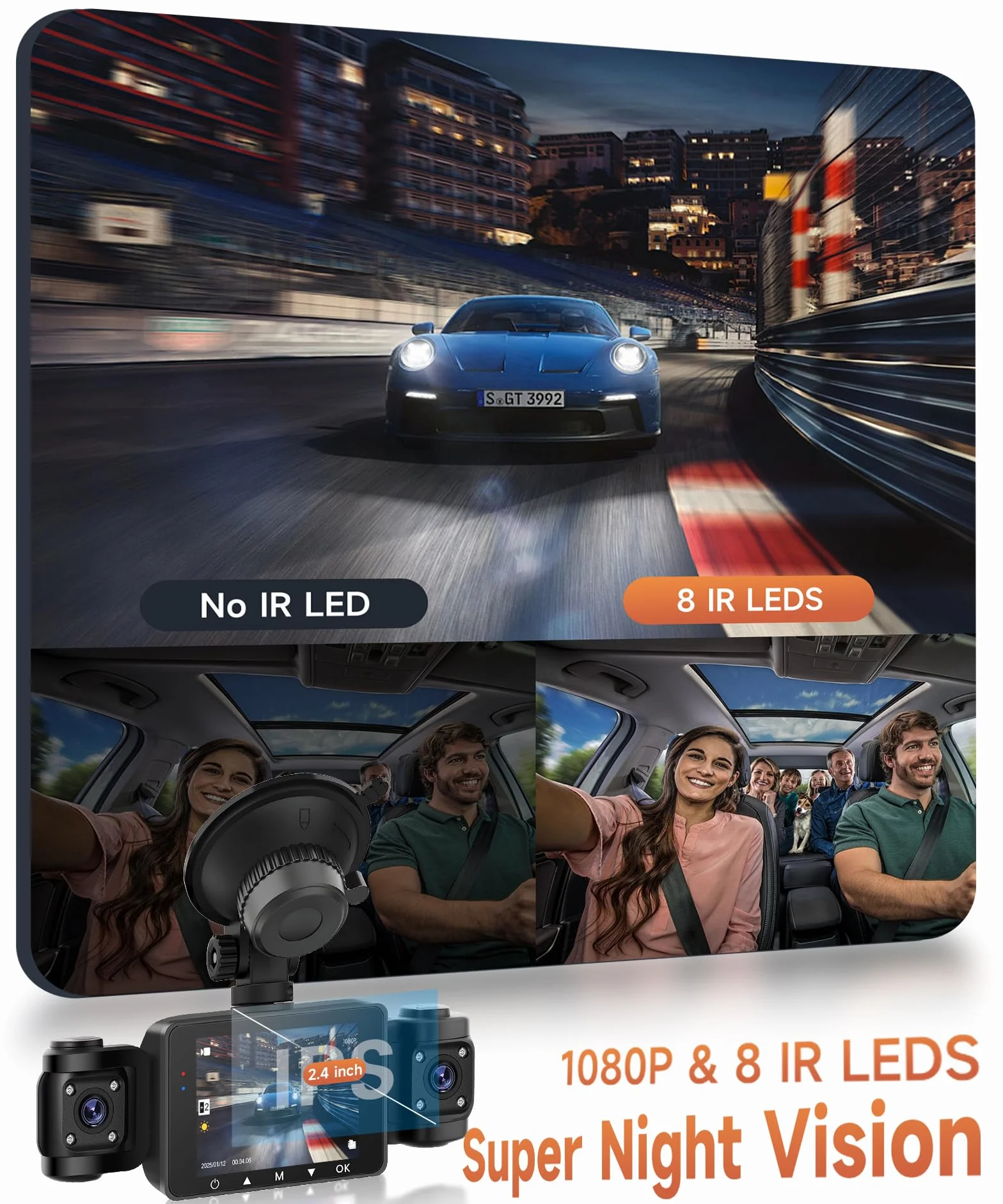4 Kanal Dashcam Auto 360°, mit 4 x Kamera FHD 1080P Vorne und Hinten Links Rechts, 2.4 Zoll 1080P Dash Kamera Autokamera mit IR Nachtsicht/Loop Video/24H Parküberwachung/G-Sensor/Einparkhilfe