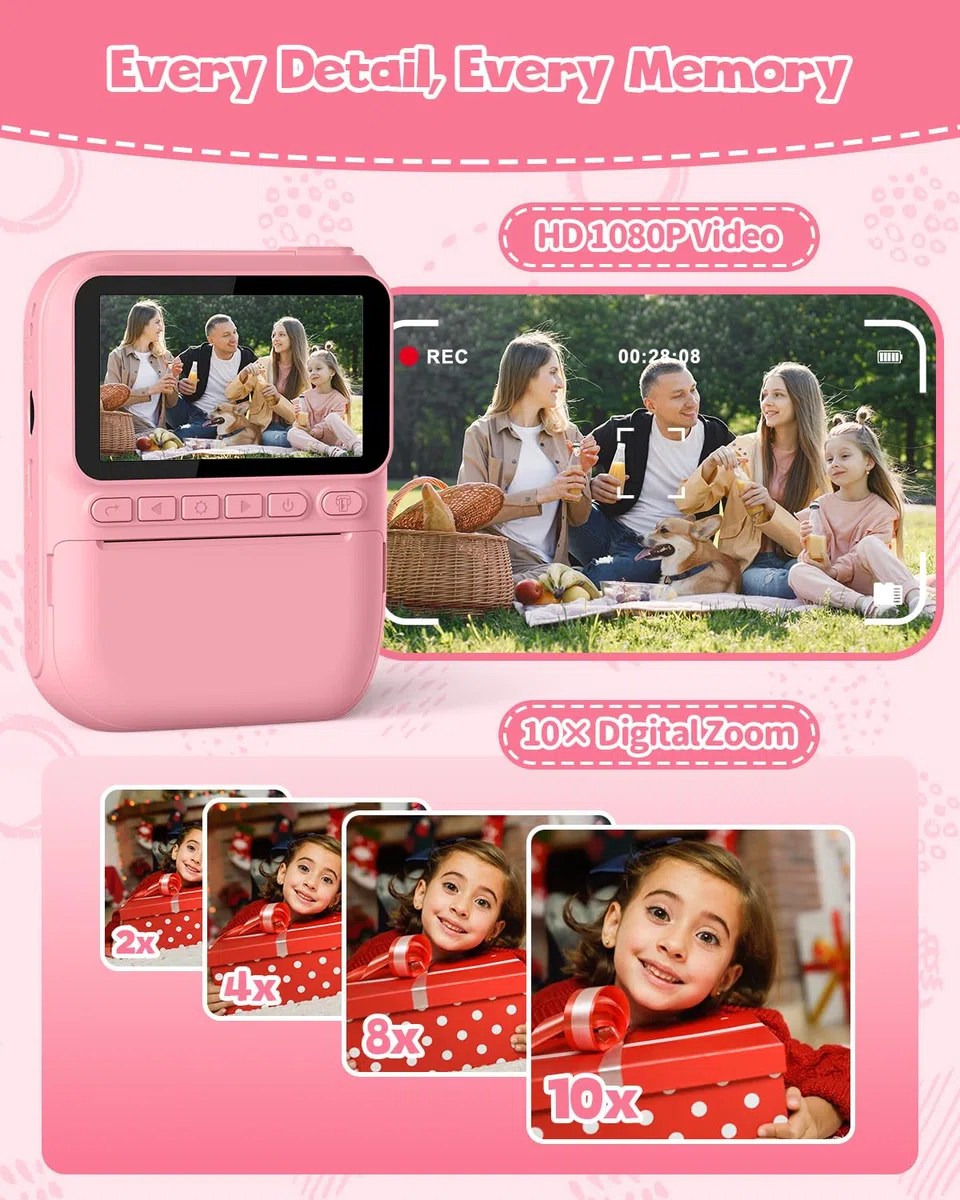 Kinderkamera Sofortbildkamera 3,0 Zoll 1080P Digitalkamera mit Druckerpapier & 32GB Karte für 3-10 Jahre Rosa