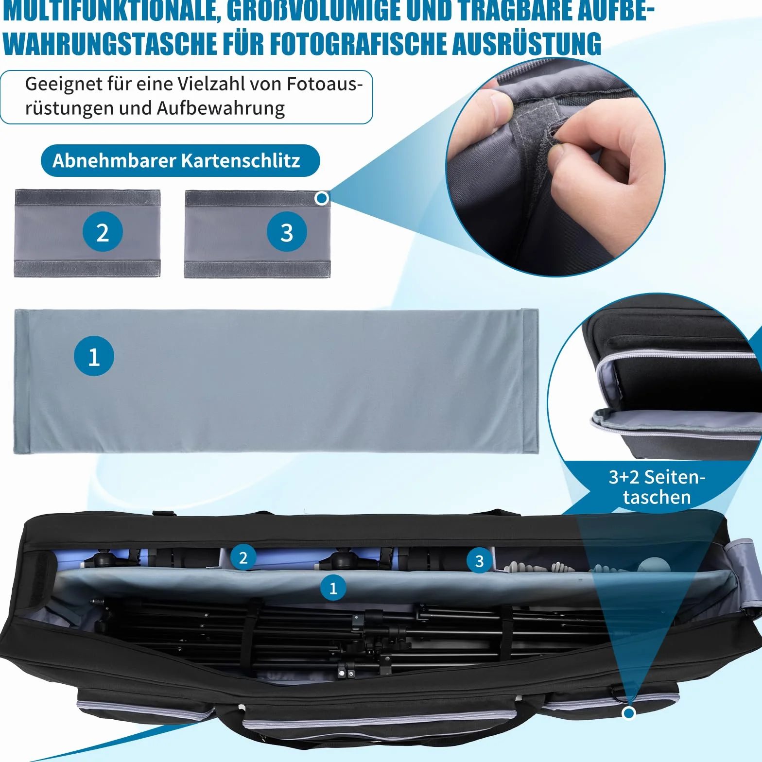 OUUTMEE 50.8" Stativtasche, Fotostativtasche mit Herausnehmbaren, Gepolsterten Trennwänden, Lichtstativtasche mit stoßfester, für Kamerastative, Einbeinstative, Lautsprecherständer und Zubehör