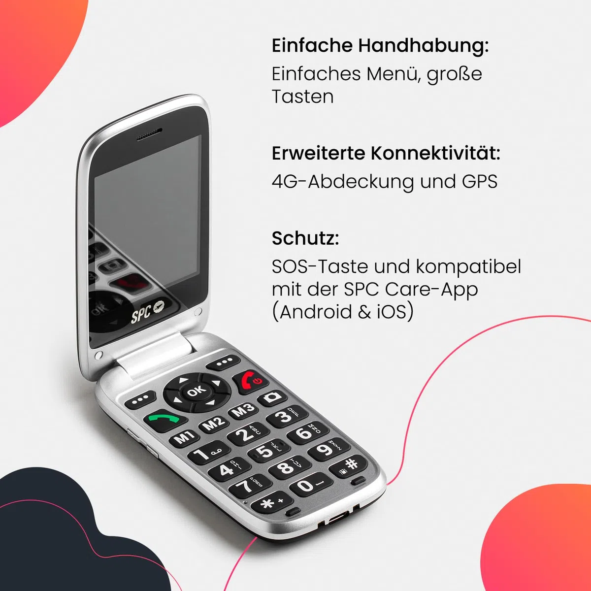 SPC Polaris - 4G Seniorenhandy mit großen Tasten und Notruftaste | Kompatibel mit App für Fernzugriff SPC Care (iOS & Android), GPS-Tracking und Sicherheitswarnungen | Schwarz