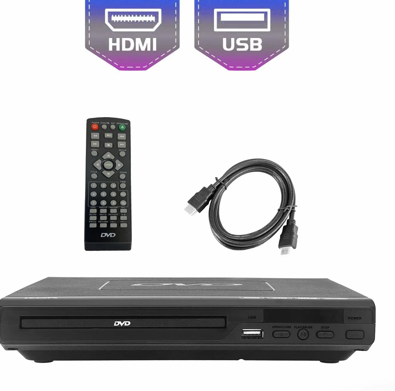 KCR DVD-Player für TV, DVD/CD / MP3 mit USB-Anschluss, HDMI- und AV-Ausgang (HDMI- und AV-Kabel enthalten), Fernbedienung