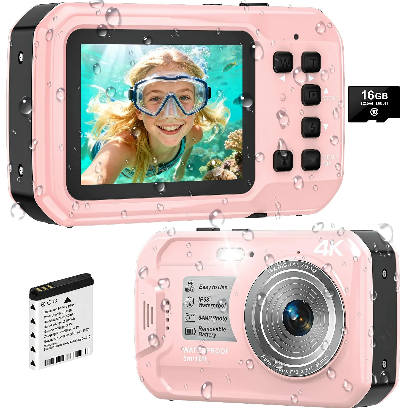 Unterwasserkamera, Yixinxin Digitalkamera wasserdichte 4K 64MP 16FT Autofokus wasserdichte Kamera zum Schnorcheln, IPS HD Bildschirm 16X Digitalzoom und 16GB Karte