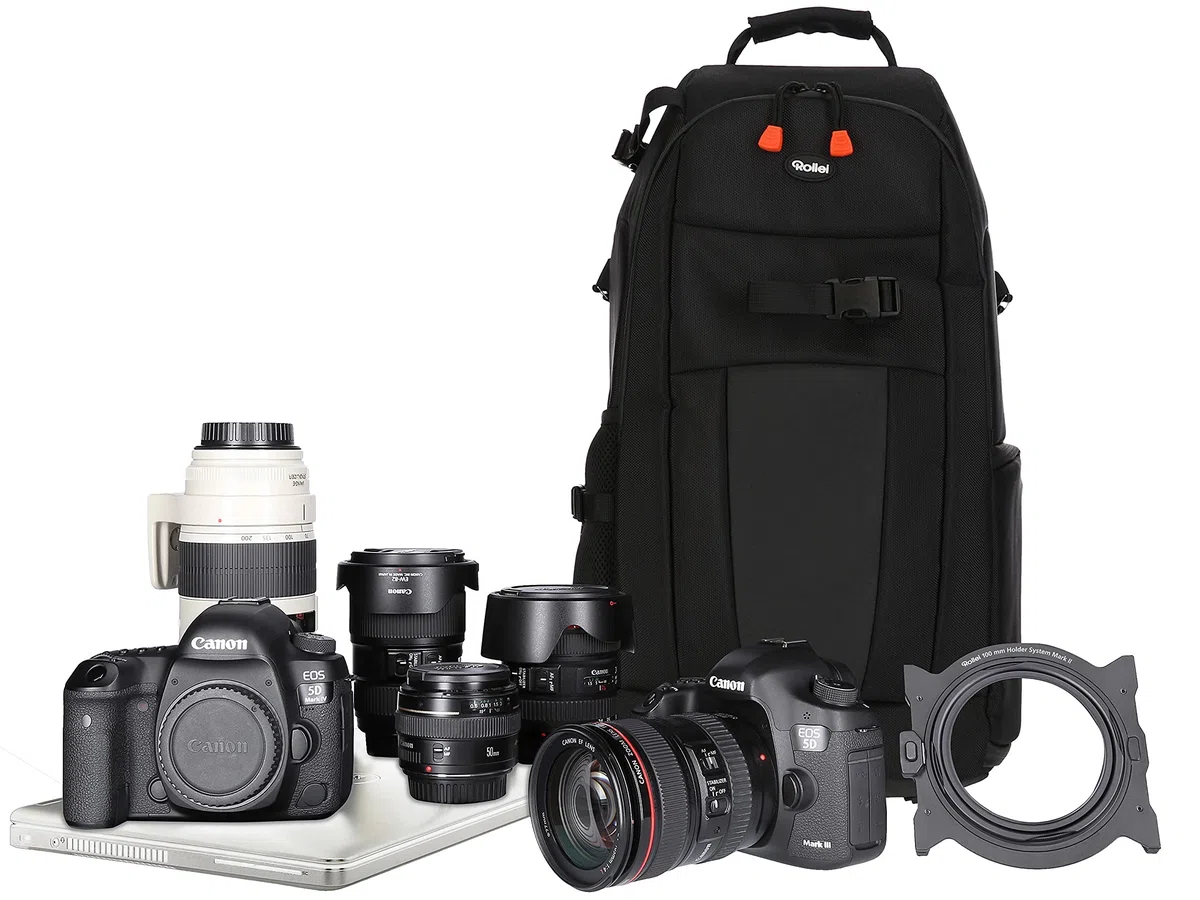 Rollei Fotoliner Ocean L: Großer Kamerarucksack aus 36 recycleten PET-Flaschen, inkl. Regenschutz, Handgepäck-geeignet,schwarz