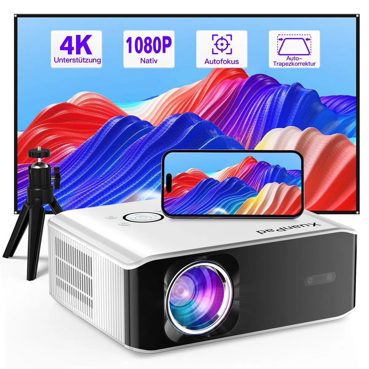 XuanPad Beamer 4K unterstützt Nativer 1080P 6G WiFi Bluetooth 30000L Outdoor Heimkino Video Projektor mit Stativ