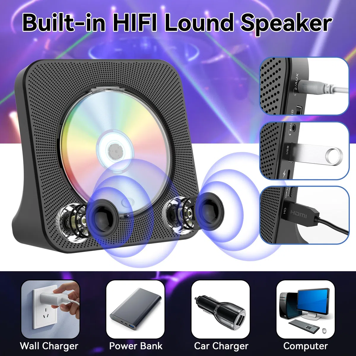 Qoosea DVD Player für TV Desktop DVD/CD Player für Zuhause mit Bluetooth Lautsprechern Display Wecker FM Radio mit CD Player USB Card Playback Inklusive Fernbedienung, HDMI & AV Kabel