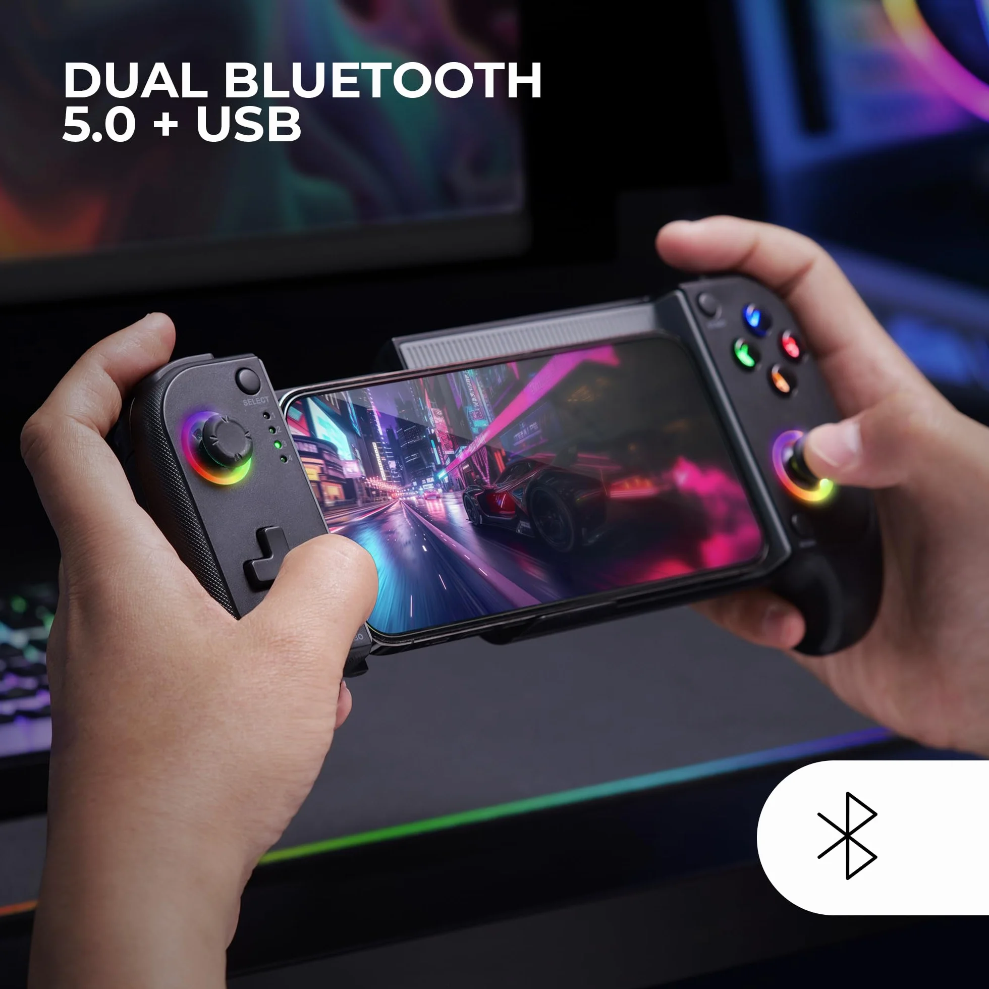 Mars Gaming MGPX, Bluetooth 5.0 Gamepad 2in1, RGB Neon, Dual Vibration und Turbo-Funktion, Smartphone-Halterung bis zu 6.8", Controller Kompatibilität PC, Android, iOS und Konsolen, USB-C, Schwarz