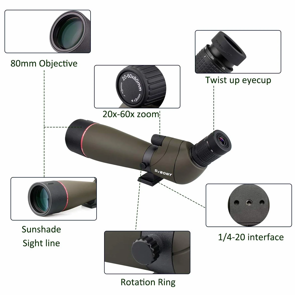 Svbony SV13 20-60x80 Spektiv Vogelbeobachtung mit Smartphone Adapter, HD FMC Wasserdicht Spektive mit Tragetasche, Porro Prisma Spotting Scope für Sportschützen Wildlife Scenery