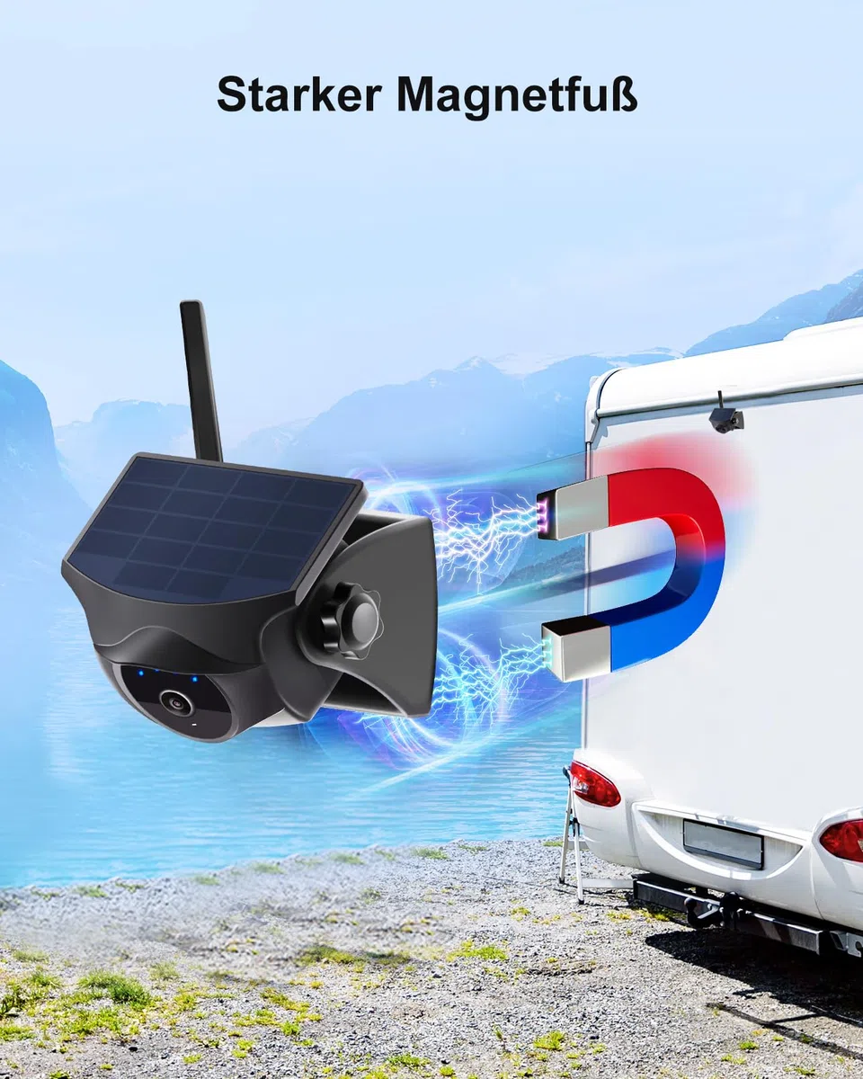 1080P Solar Kabellose Rückfahrkamera – Magnetische WLAN Rückfahrkamera mit Nachtsicht, IP66, wiederaufladbarer Akku für Anhänger Wohnmobil LKW Auto