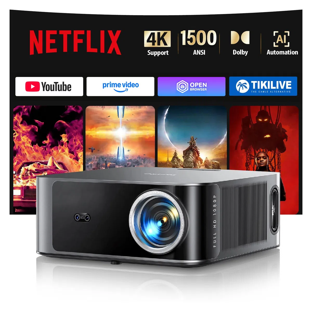 Toptro Beamer 4K 1500 ANSI Smart Beamer Heimkino 1080P Full HD Projektor mit KI-Autofokus Trapezkorrektur Bluetooth WiFi