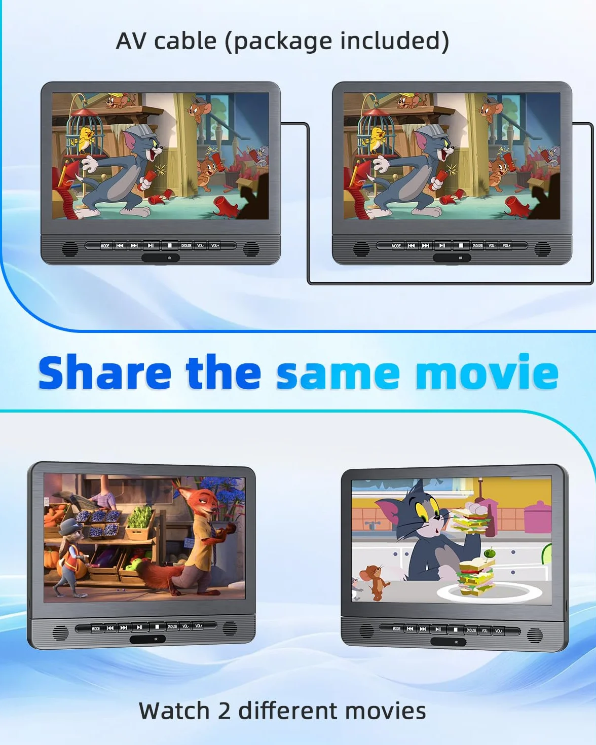 Arafuna 12" DVD Player Auto 2 Bildschirme, Wiederaufladbar Kopfstütze für Auto, Unterstützung USB/TF-Karte, Sync Screen, und letzter Speicher