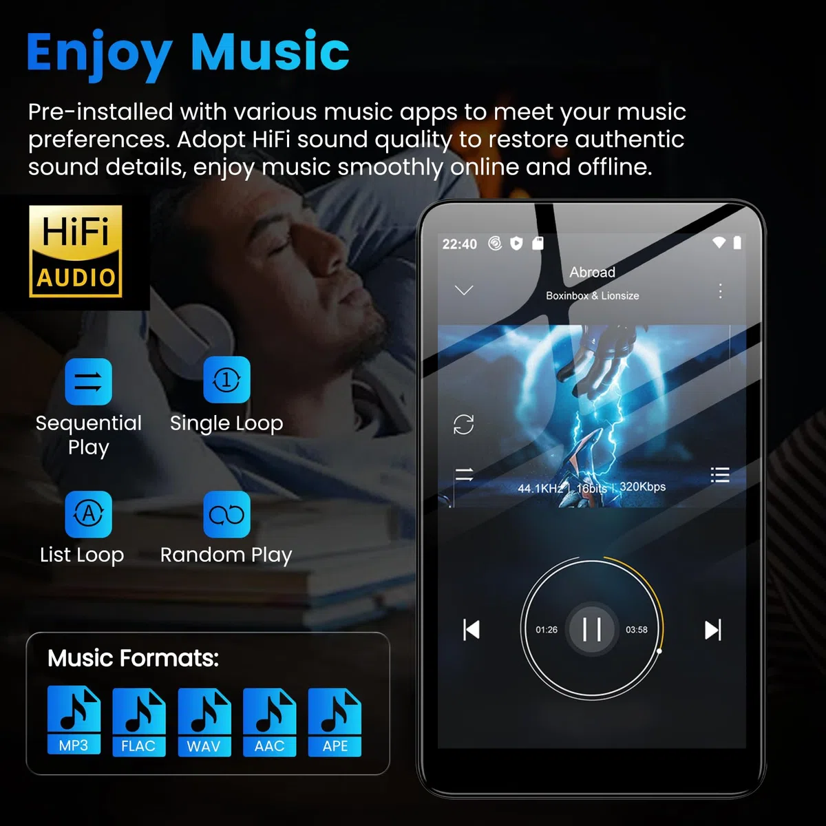 Diofox MP3 Player mit Bluetooth und WiFi, Android 13 OS, 3+32GB Speicher, 4,02-Zoll-Touchscreen MP3 MP4 Player Spotify, Amazon Music, Deezer, Play Store, schwarzer Digitalmusik-Player, bis zu 512GB
