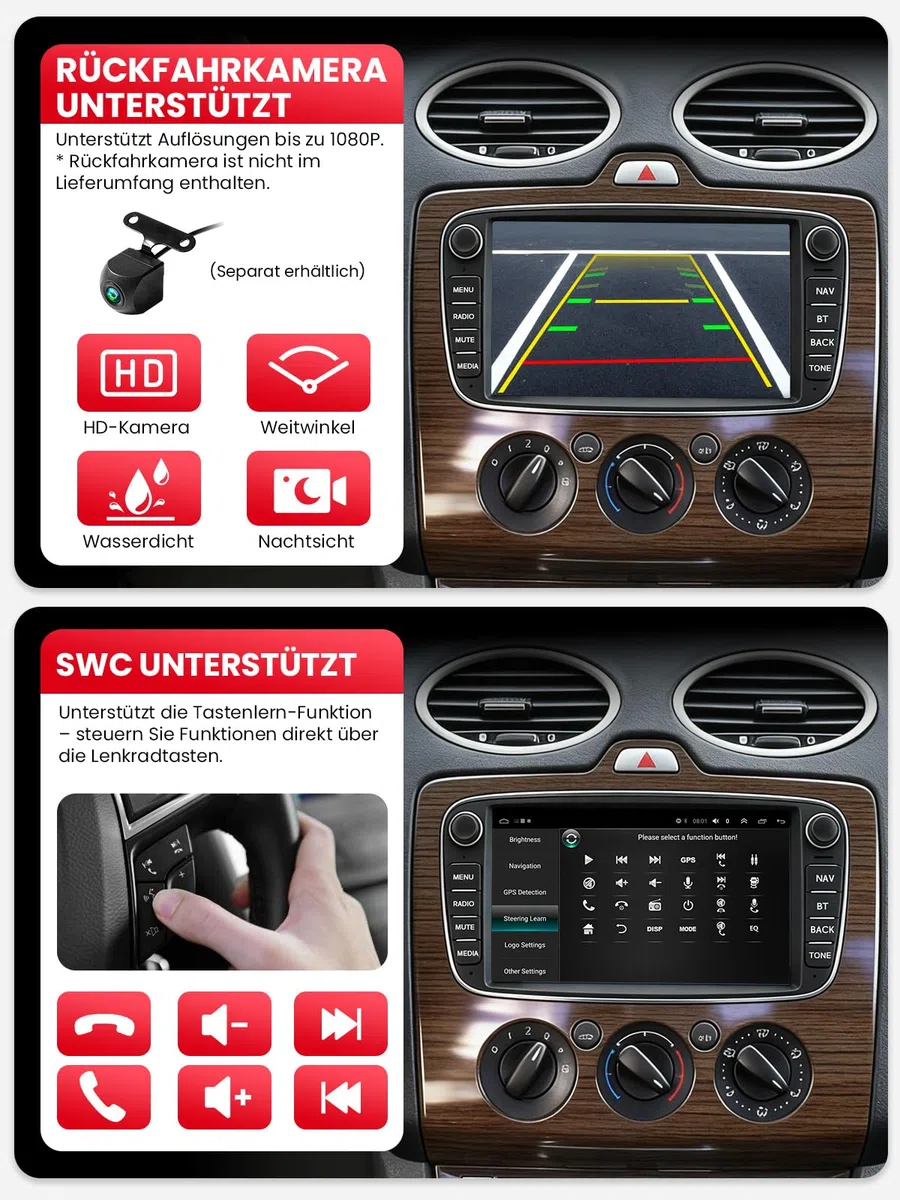 Doppel DIN Autoradio mit Bildschirm für Ford Mondeo Focus S-Max Galaxy, Wireless CarPlay & Android Auto, 7" Auto Radio Touch Display, 4GB+64GB, Bluetooth 5GHz WiFi DAB+ FM AUX GPS