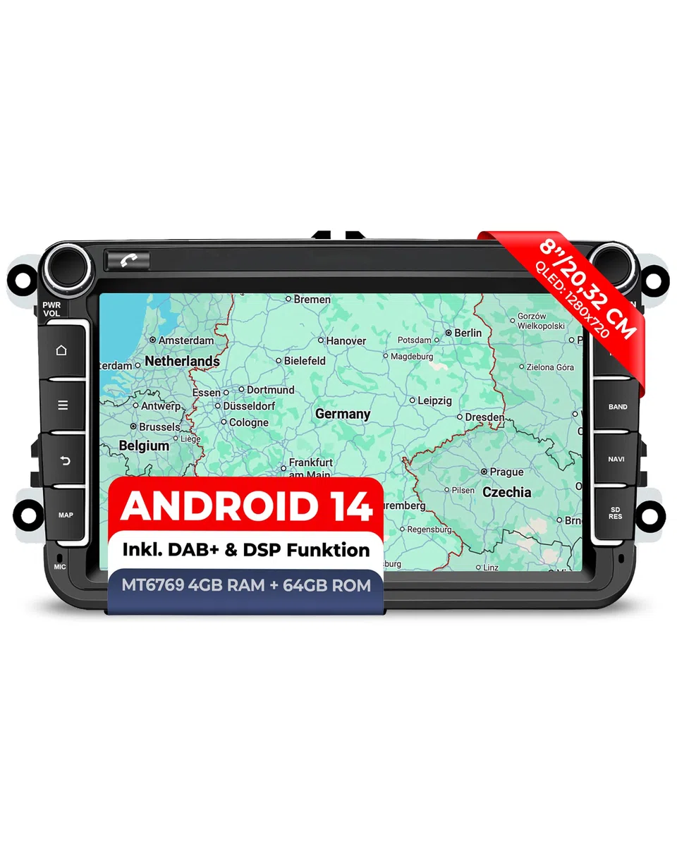 M.I.C. AV8V7-L3 Android 14 Autoradio mit Navigation: MediaTek MT6769V, 4GB+64GB, 8 Zoll QLED Display, SIM, Apple CarPlay & Android Auto, DAB+, CANBUS, GPS – Ersatz für VW/Skoda/SEAT (RNS/RCD)