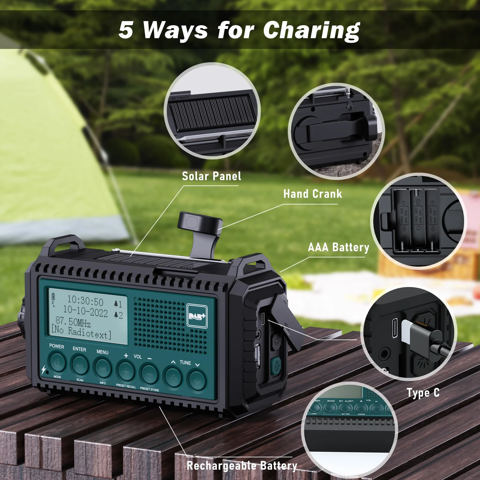 Kurbelradio DAB+/DAB/UKW mit 5000mAh Akku Wiederaufladbare, Notfallradio mit Taschenlampe & Leselicht, Tragbare Camping Radio mit USB Handyladefunktion FM Dynamo, SOS-Alarm für Wandern, Outdoor
