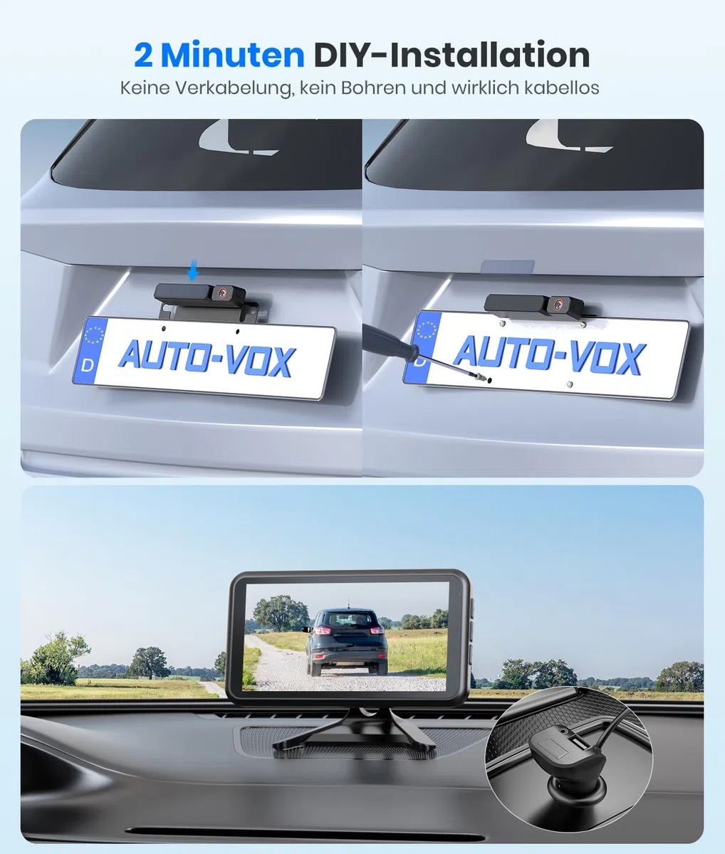 AUTO-VOX Solar Rückfahrkamera Kabellos 5" 1080P Monitor 5000mAh Akku IP69K Wasserdicht für Auto LKW Van SUV Wohnmobil
