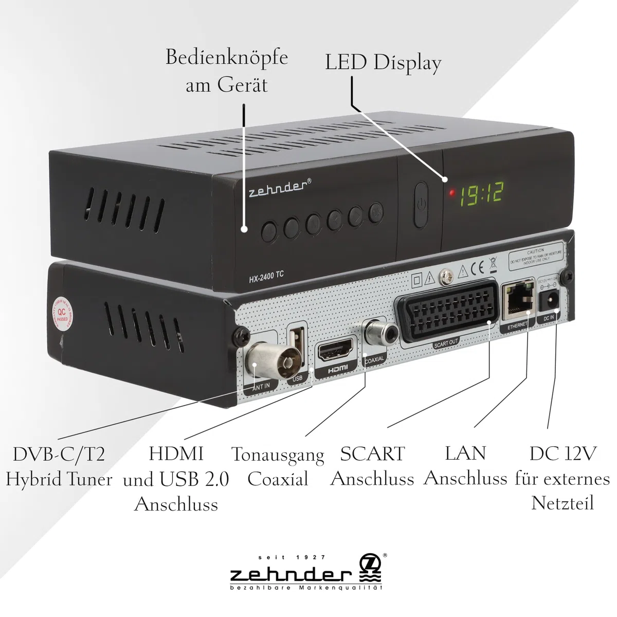 ZEHNDER HX 2400 TC Hybrid Receiver - DVB-C und DVB-T2 geeignet, Receiver für TV, Aufnahme und Timeshift Funktion über USB, 4-Stelliges LED Display, Lernbare Fernbedienung, 12V Netzteil, Full HD 1080p