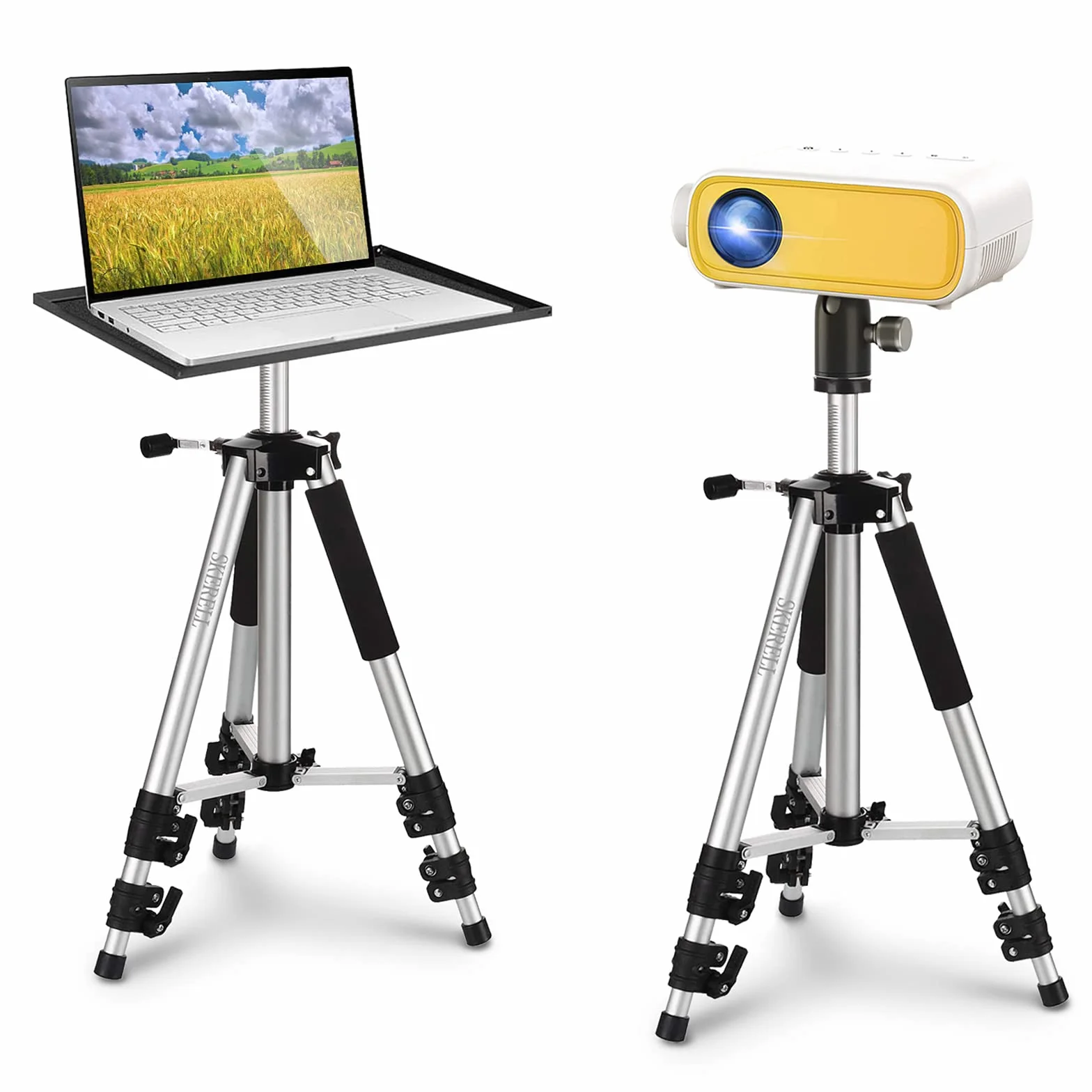 SKERELL Beamer Ständer Multifunktionaler Bodenständer für Projektor Laptop Kamera, Tragbarer Aluminium verstellbar Höhe 18-48 Zoll, mit Platte Kugelkopf Tragetasche, 33LB Silber