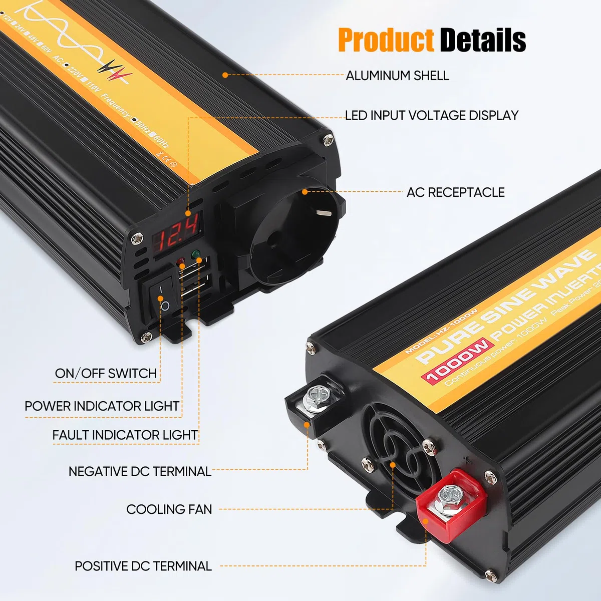 Wechselrichter, 12V auf 230V Spannungswandler mit Reiner Sinuswelle, Umwandler 1000W Dauerleistung / 2000W Spitzenleistung, für Wohnmobile, Caravan Boote und Camping mit 1 AC-Steckdose und 2 USB-Ports
