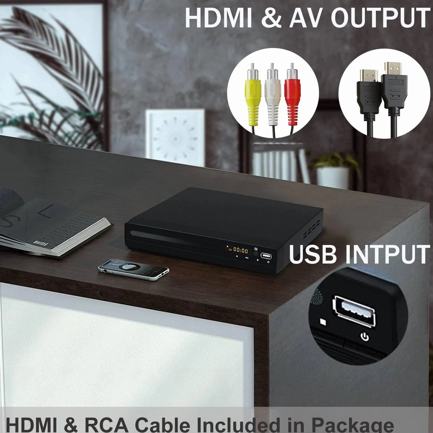 DVD CD Player für Fernseher, Up-Convert to HD 1080p, All Region, Breakpoint Memory, Eingebautes PAL/NTSC, USB 2.0