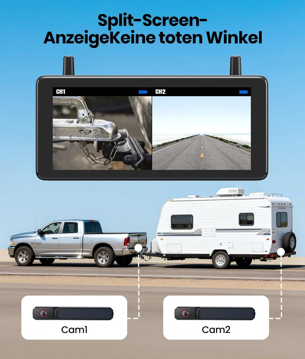 AUTO-VOX Dual Solar Rückfahrkamera Kabellos 7,2" HD Split-Screen Monitor DVR-Aufnahme IP69K für Wohnmobil LKW Anhänger