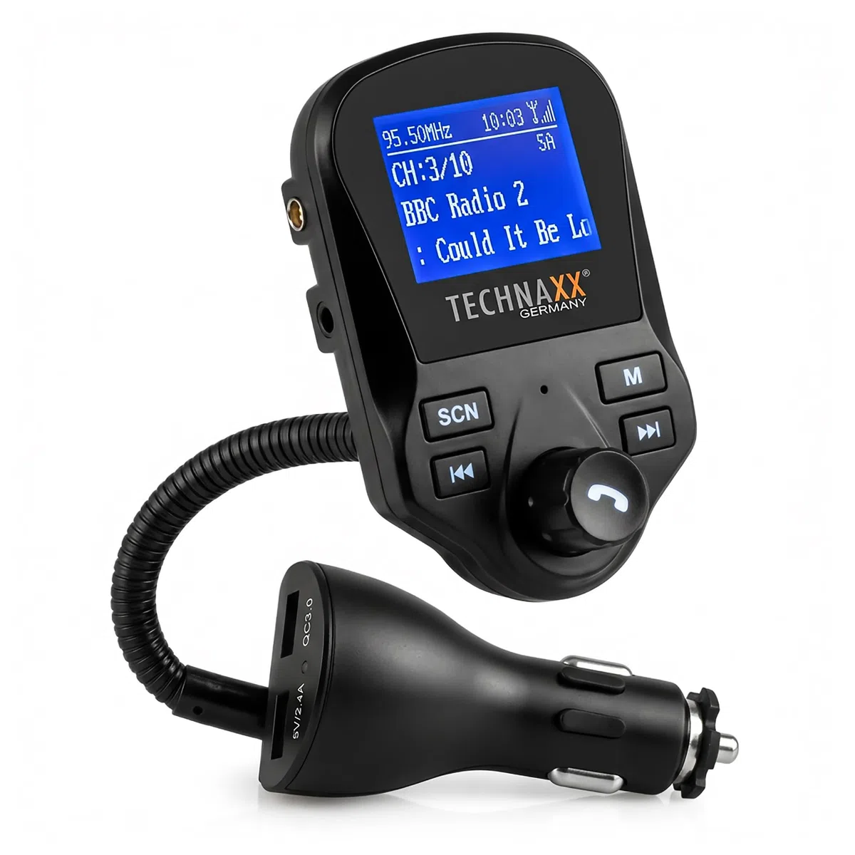 Technaxx FM DAB+ Transmitter FMT1500BT - Freisprecheinrichtung, Bluetooth V4.2, 2X USB, Mikrofon, Anrufe, MicroSD, DAB+ Radio via FM, AUX-IN, großes Display, Musik