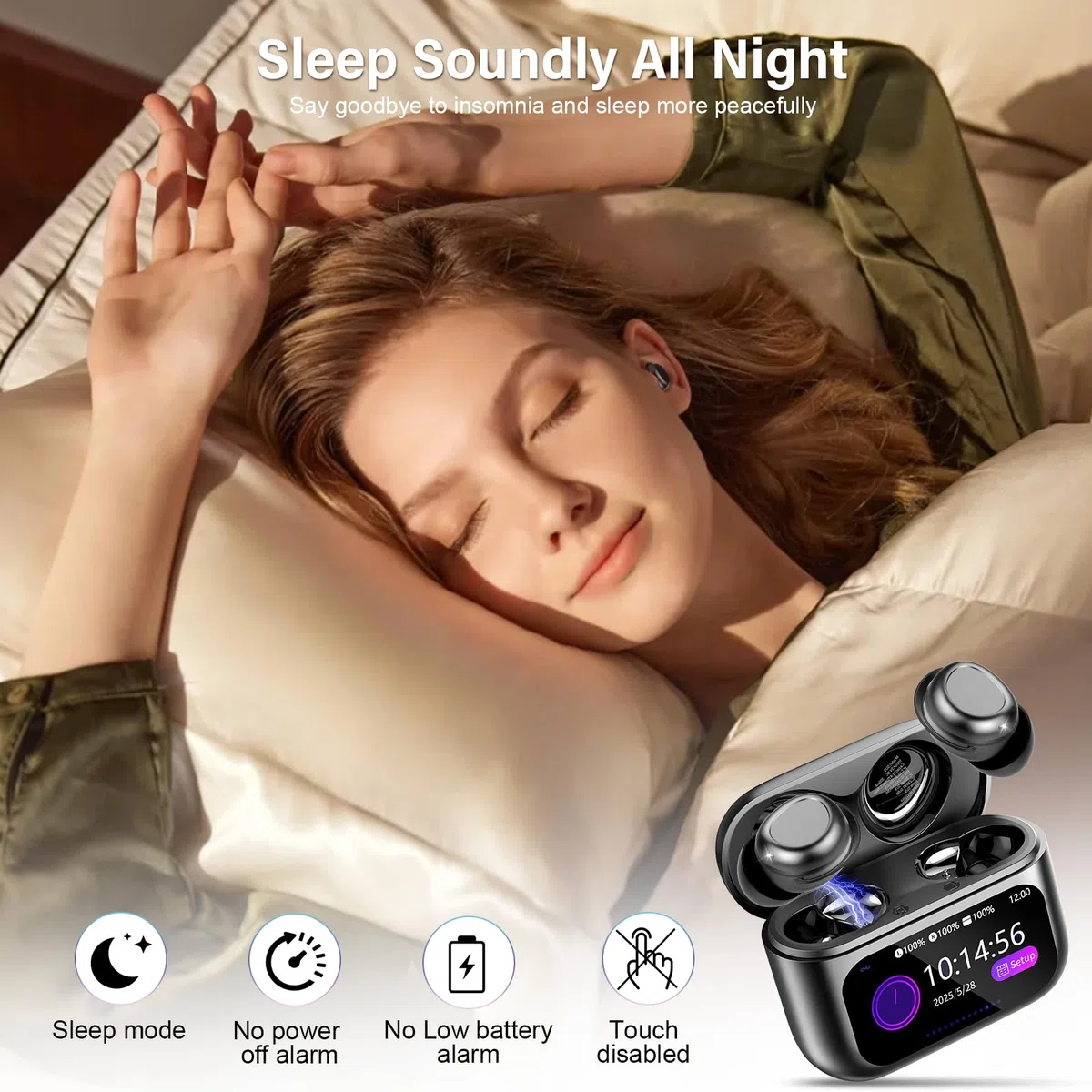 ZYHKON Bluetooth Kopfhörer, Bluetooth 5.4 Schlafkopfhörer In Ear mit Touchscreen, 48H Spielzeit Mini Kopfhörer mit HiFi Sound/5 EQ-Modi/ENC Noise Cancelling, Wireless Ohrhörer für Seitenschläfer