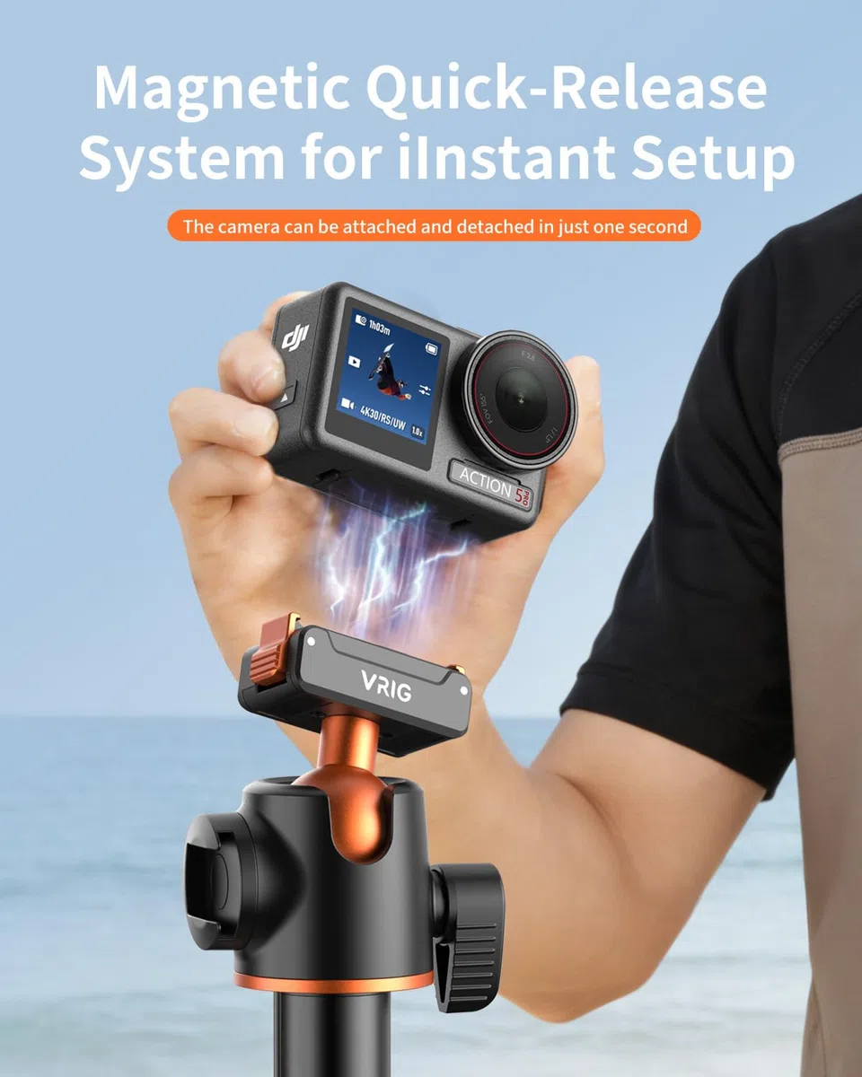 VRIG AC-40S Selfie Stick Stativ für DJI Osmo Action 5 Pro, Länge 33-140 cm, 1/4-Zoll-Schraube & Schnellverschluss-Adapterhalterung für DJI Osmo Action 4/3/Osmo 360