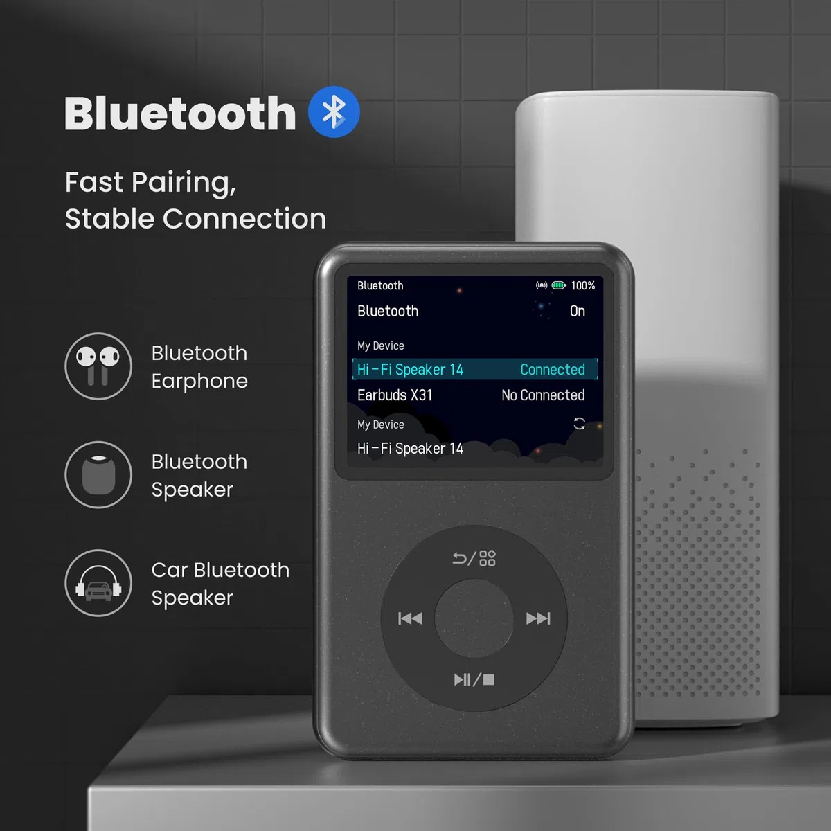 Innioasis Y1 MP3 Player - Zeitlose Klasse: 128 GB, Bluetooth, Video-Player, Hörbücher, FM-Radio und Touch Wheel-Steuerung（schwarz）